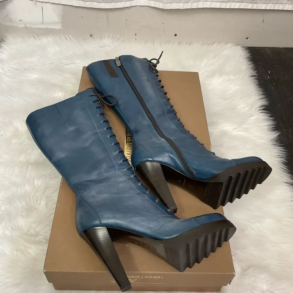 NEW Donald J Pliner Women's Blue Denim Oilskin Calf Lace Up Heel Boots Size 7